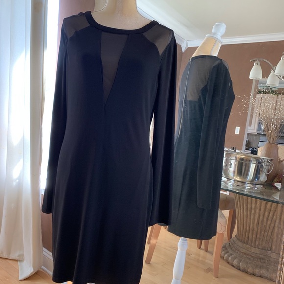 Express, Blk Long Sleeved Dress, Part Sheer Top L - Picture 2 of 4